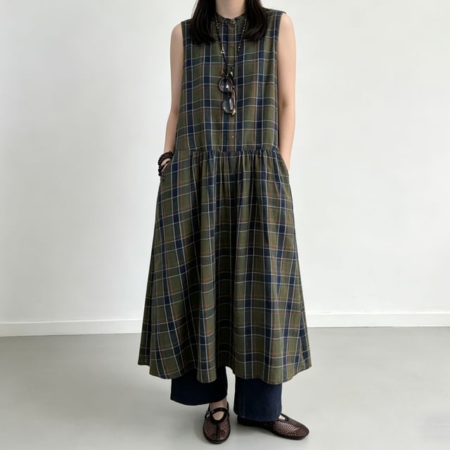 Coris-Sleeveless Plaid Midi Overall Dress