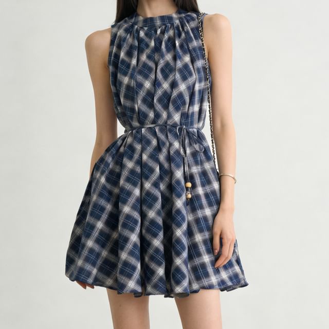 Coris-Sleeveless Plaid Mini A-Line Dress