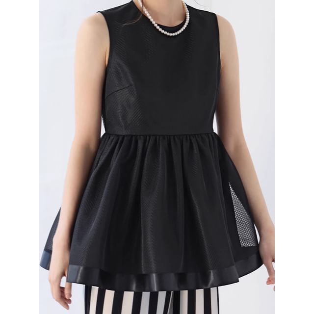 Coris-Sleeveless Plain Mesh Overlay Peplum Top