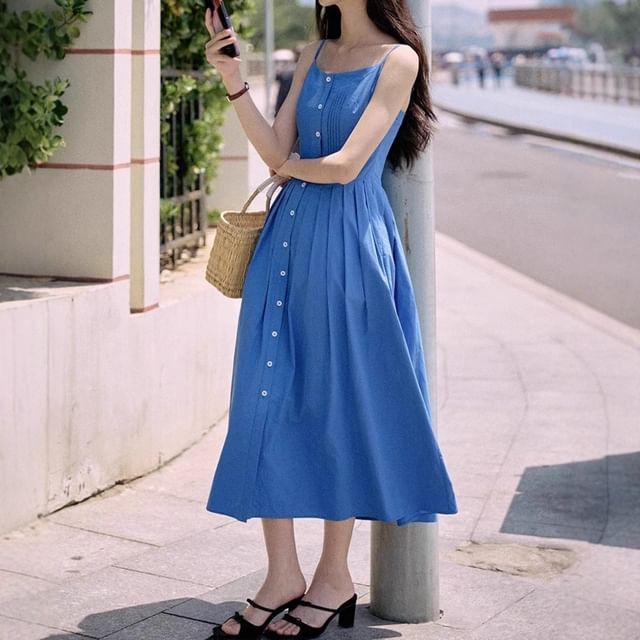 Coris-Spaghetti Strap Button-Up Plain Midi Dress