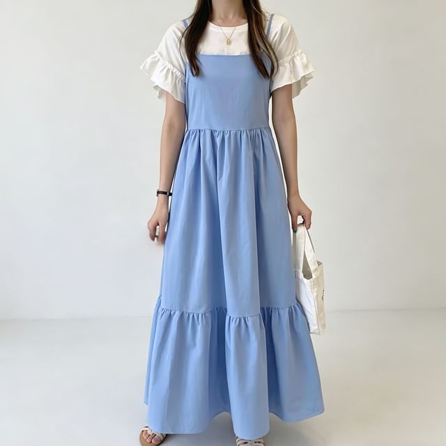 Coris-Spaghetti Strap Plain Gathered Panel Maxi A-Line Dress