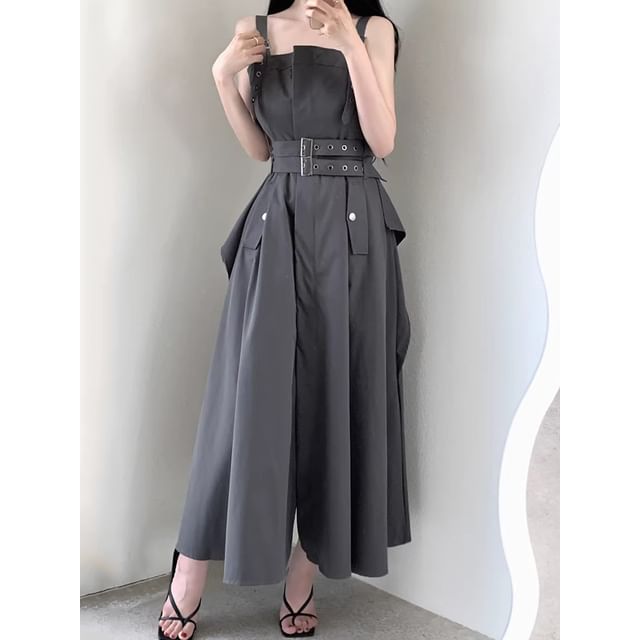 Coris-Spaghetti Strap Plain Maxi Pleated A-Line Dress