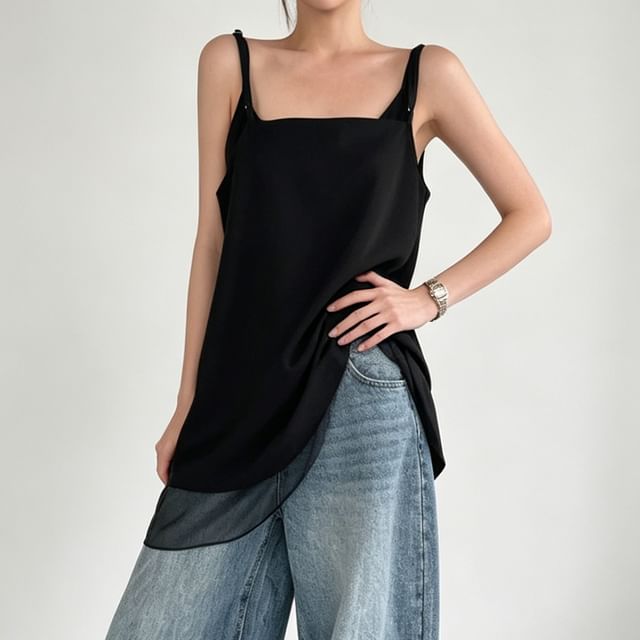 Coris-Spaghetti Strap Plain Sheer Panel Tunic