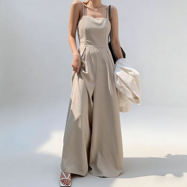 Coris-Spaghetti Strap Plain Wide Leg Jumpsuit