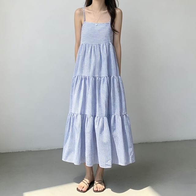 Coris-Spaghetti Strap Square Neck Striped Maxi A-Line Dress