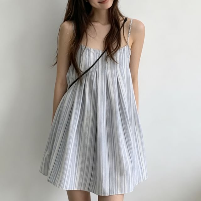 Coris-Spaghetti Strap Striped Mini A-Line Dress