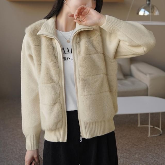 Coris-Stand Collar Fluffy Panel Zip-Up Plain Cardigan