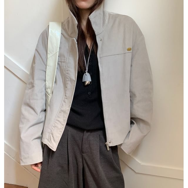 Coris-Stand Collar Plain Corduroy Zip Jacket
