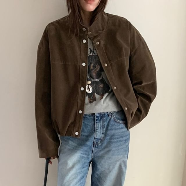 Coris-Stand Collar Plain Faux Suede Button Jacket