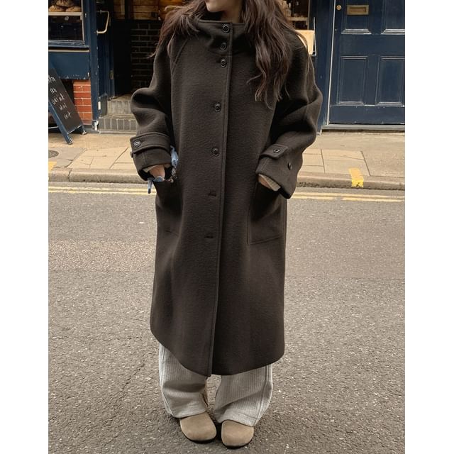 Coris-Stand Collar Plain Midi Single-Breasted Coat