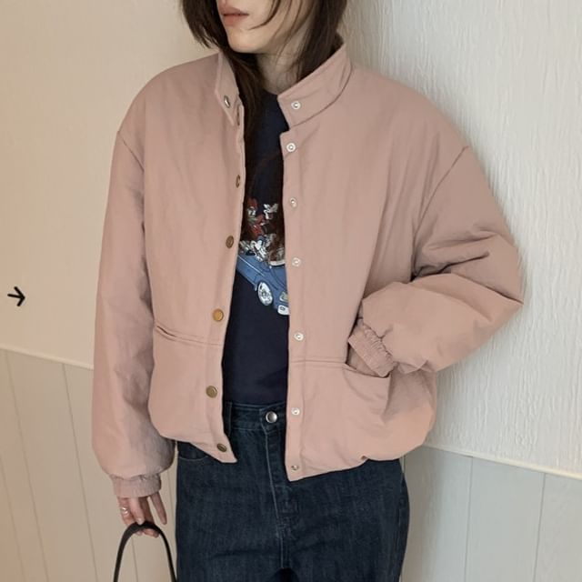 Coris-Stand Collar Plain Padded Button Jacket