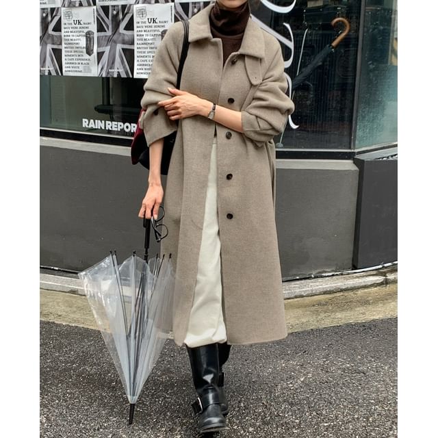 Coris-Stand Collar Sashed Midi Single-Breasted Coat