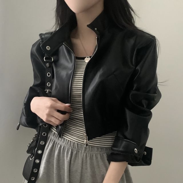 Coris-Stand Collar Zip-Up Crop Jacket