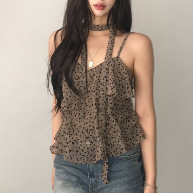 Coris-V-Neck Leopard Print Tiered Cami Top