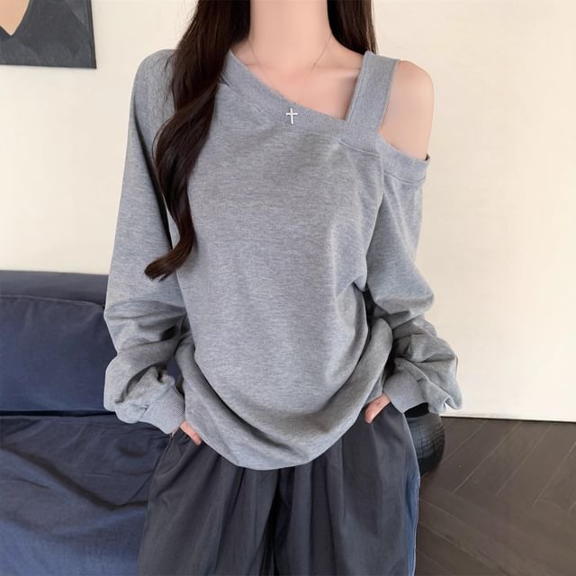 Cossita-Cold Shoulder Plain Asymmetrical Sweatshirt