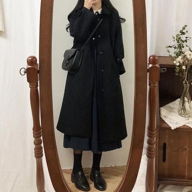 Cossita-Collar Plain Midi Single-Breasted Coat