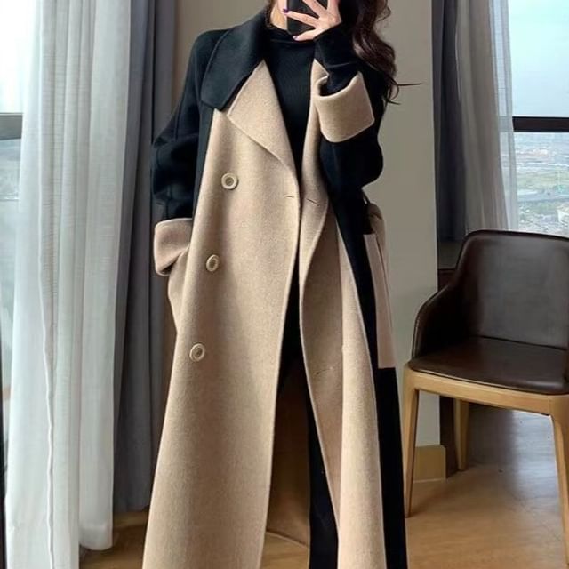 Cossita-Collar Two Tone Midi Double-Breasted Coat