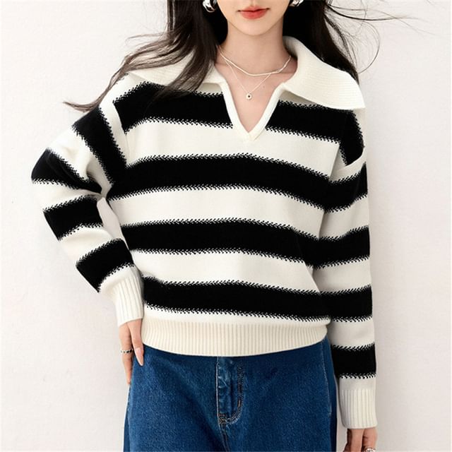 Cossita-Collared V-Neck Striped Sweater