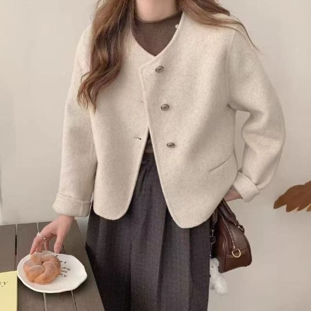Cossita-Crew Neck Button-Up Plain Crop Jacket