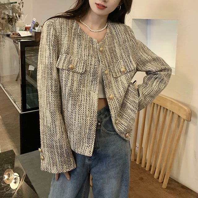 Cossita-Crew Neck Button-Up Tweed Crop Jacket