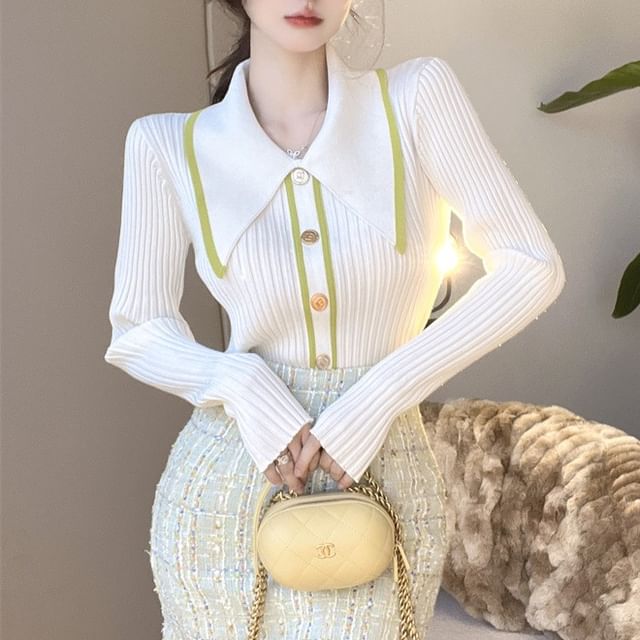 Cossita-Long-Sleeve Collared Button Accent Contrast Trim Knit Top