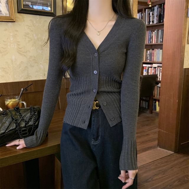 Cossita-Long-Sleeve V-Neck Ribbed Button Knit Top