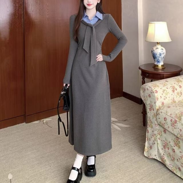 Cossita-Mock Two-Piece Long-Sleeve Collared Striped Panel Tie Front Midi A-Line Dress