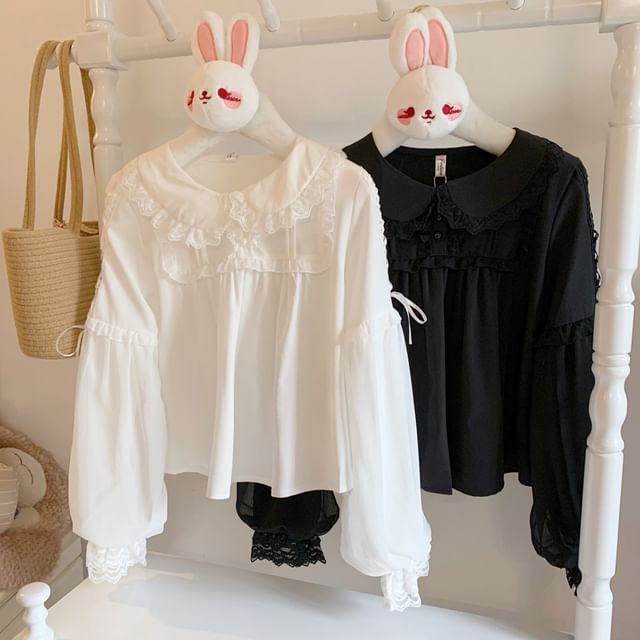 Cossita-Puff-Sleeve Lace Ruffle Button-Up Blouse