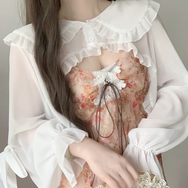 Cossita-Puff-Sleeve Plain Ruffle Cropped Blouse