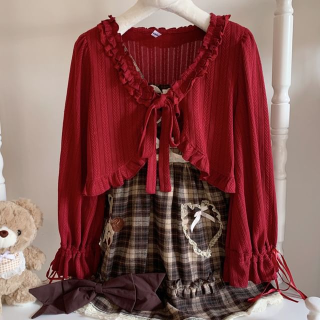 Cossita-Puff-Sleeve Plain Ruffled Tie-Front Jacket