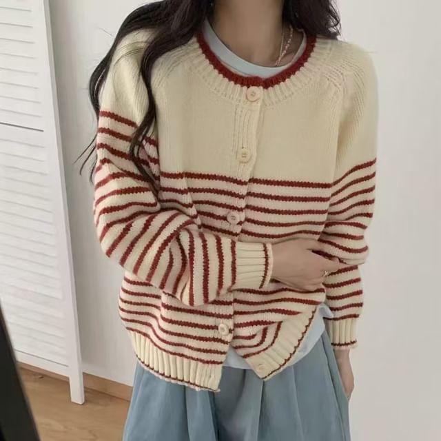 Cossita-Round Neck Striped Cardigan