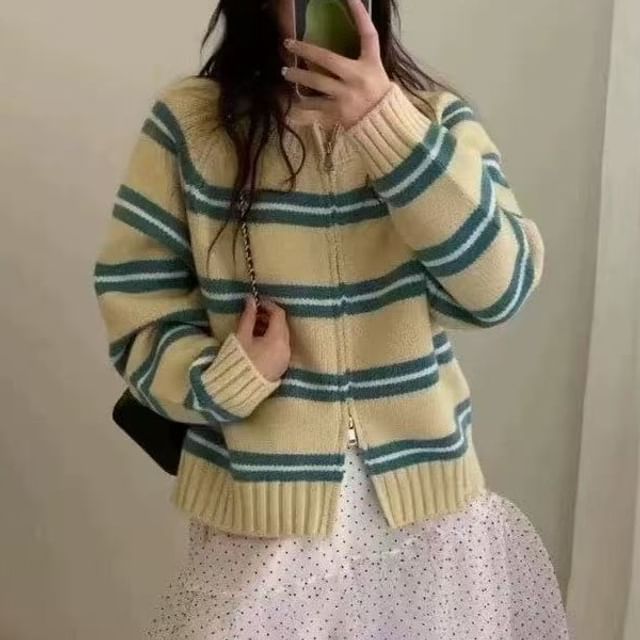 Cossita-Round Neck Striped Zip Cardigan
