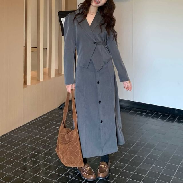 Cossita-Set Notch Lapel Plain One-Buttoned Wrap Blazer High Rise Midi A-Line Skirt