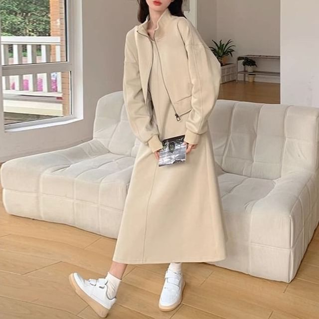 Cossita-Set Stand Collar Plain Zip Jacket Sleeveless Round Neck Midi A-Line Dress
