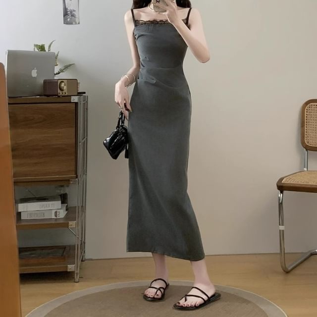 Cossita-Spaghetti Strap Lace Panel Ruched Open Back Slit Midi Sheath Dress