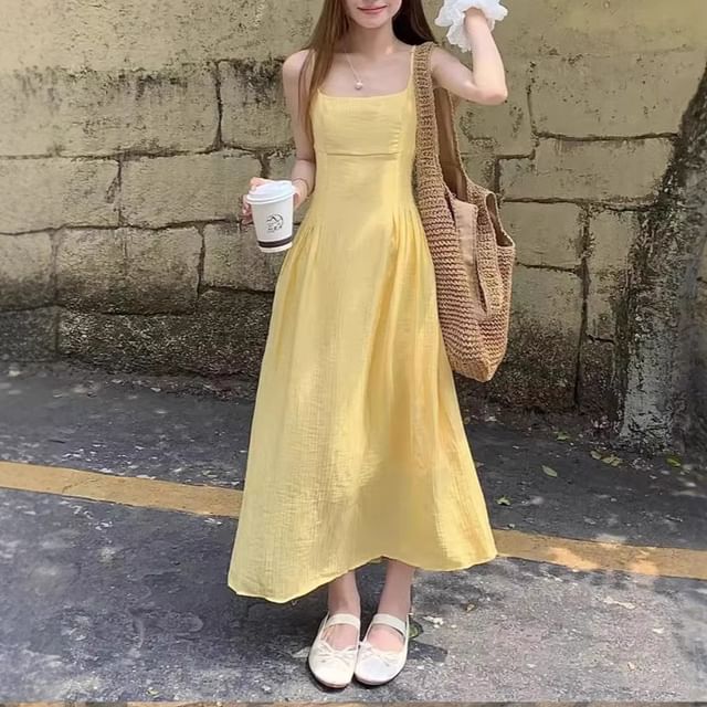 Cossita-Spaghetti Strap Plain Maxi A-Line Dress