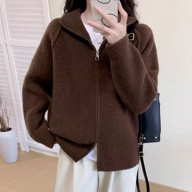 Cossita-Stand Collar Plain Raglan Zip Cardigan