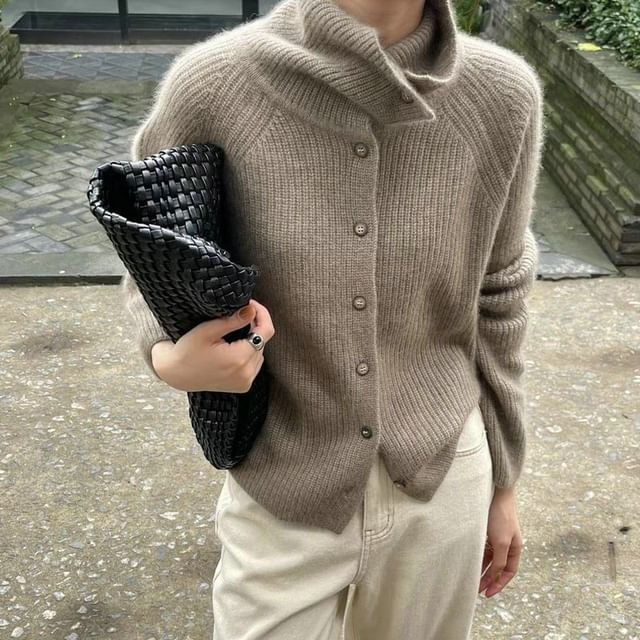 Cossita-Stand Collar Plain Ribbed Cardigan