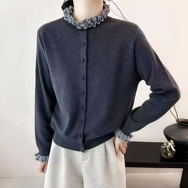 Cossita-Stand Collar Two Tone Frill Cardigan