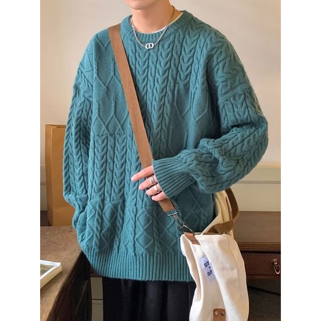 Cowpow-Crew Neck Plain Cable Knit Sweater