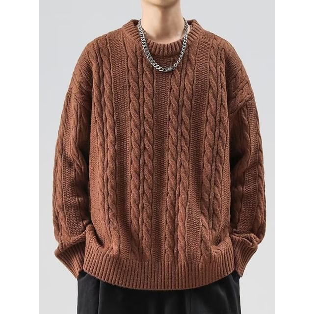 Cowpow-Crew Neck Plain Cable Knit Sweater