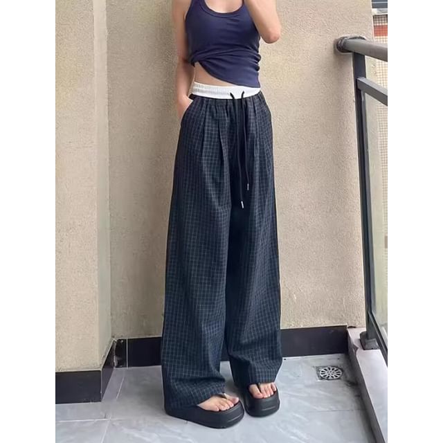 Cowpow-Drawstring Waist Plaid Wide Leg Pants
