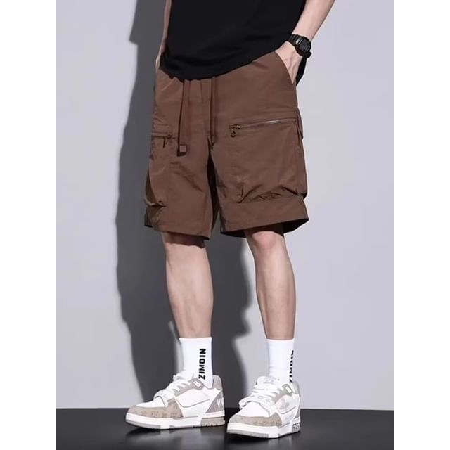Cowpow-Drawstring Waist Plain Cargo Shorts