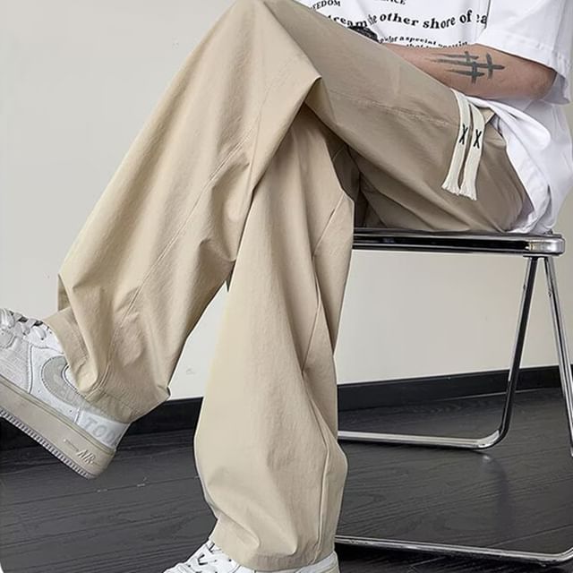 Cowpow-Drawstring Waist Plain Loose Fit Pants