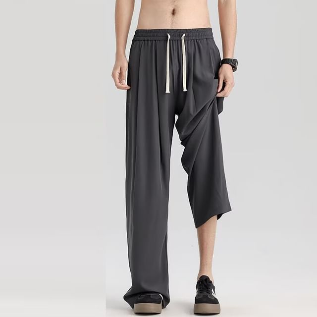 Cowpow-Drawstring Waist Plain Loose Fit Pants