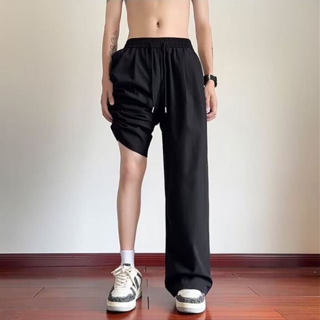 Cowpow-Drawstring Waist Plain Loose Fit Pants
