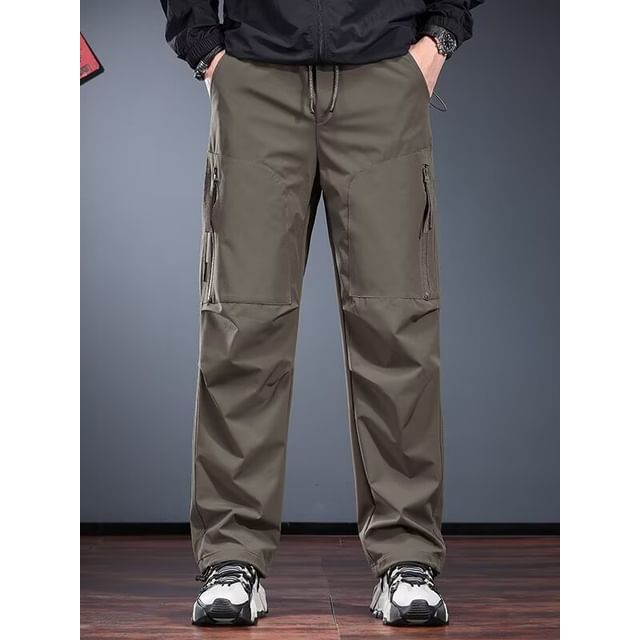 Cowpow-Drawstring Waist Plain Straight Leg Cargo Pants