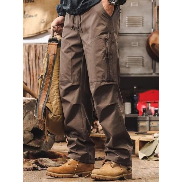 Cowpow-Drawstring Waist Plain Straight Leg Cargo Pants
