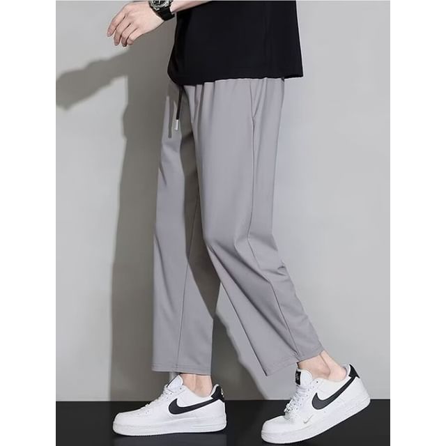 Cowpow-Drawstring Waist Plain Straight Leg Pants