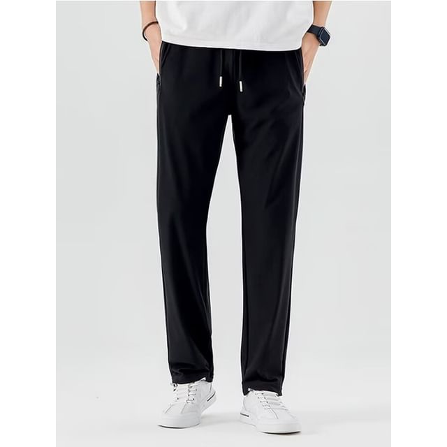 Cowpow-Drawstring Waist Plain Straight Leg Pants